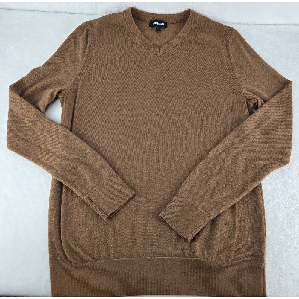 Express 100% Merino Wool V Neck Sweater Brown Men's Medium Pullover Knit